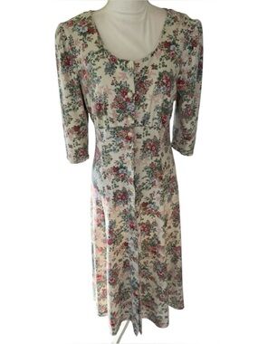 Eber Vintage Cottage core cream floral cotton blend midi dress puff sleeves